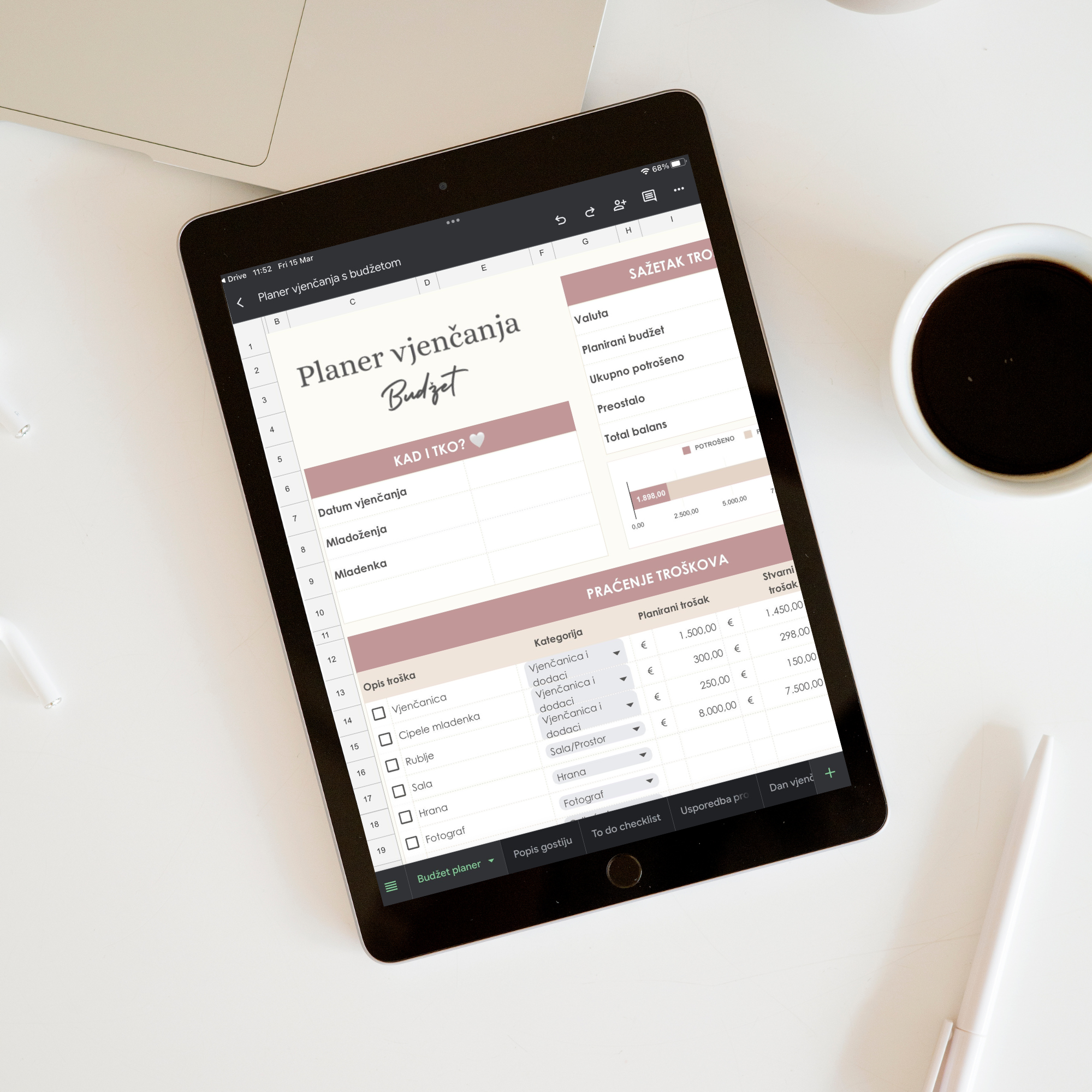 Planer vjenčanja SMART digitalni planer za google doc, tablica za praćenje budžeta na ipad-u