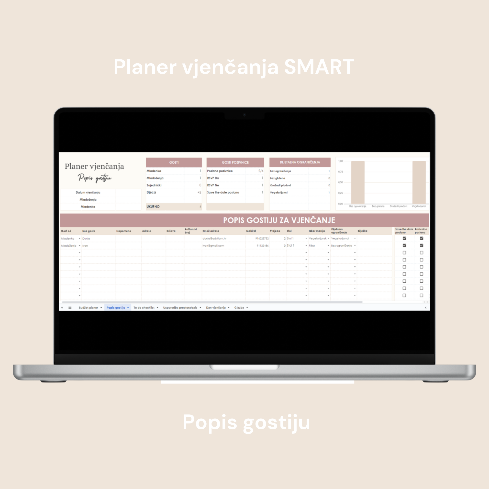 Planer vjenčanja SMART digitalni planer za google doc, tablica popis gostiju za vjenčanje