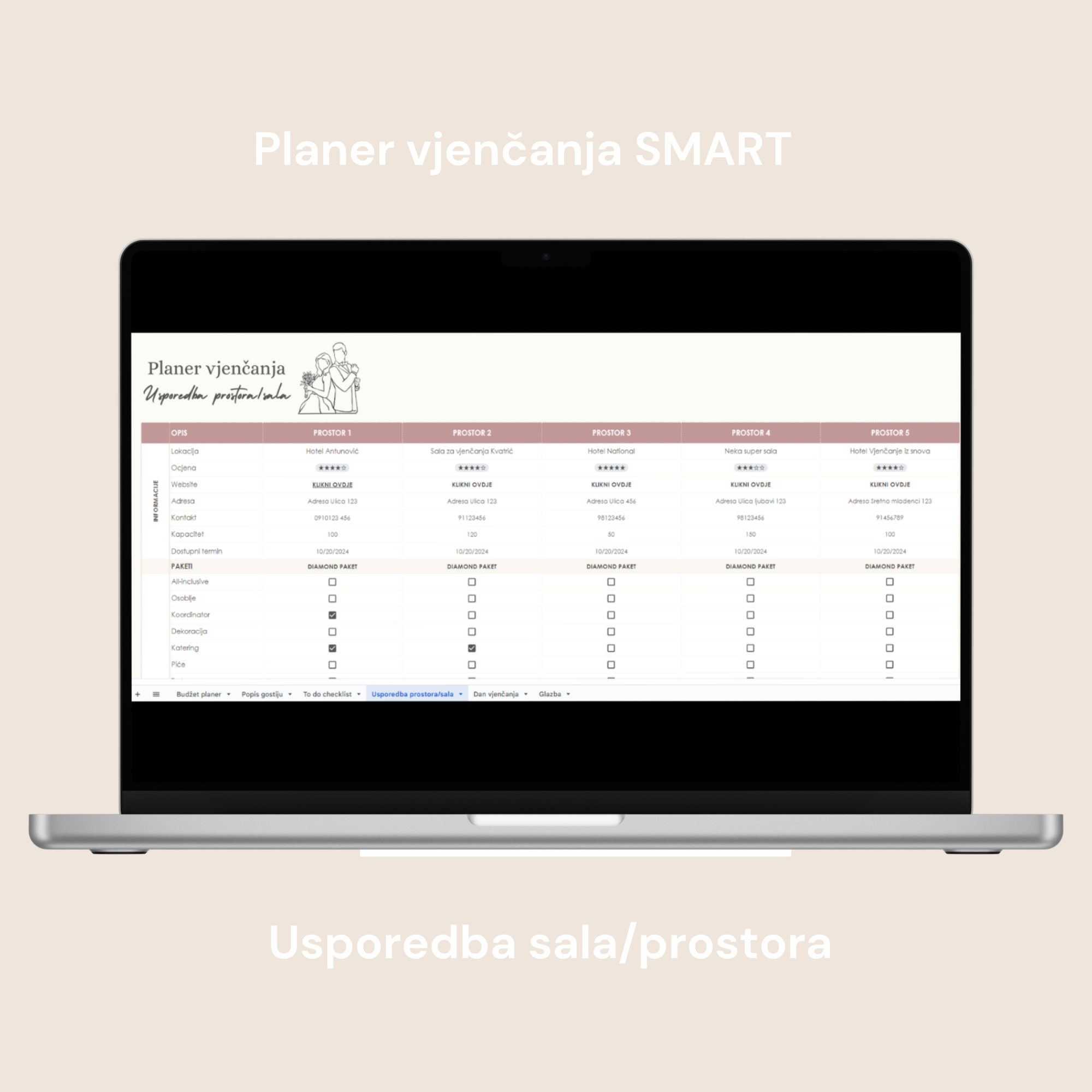 Planer vjenčanja SMART digitalni planer za google doc, tablica za usporedbu prostora i sala