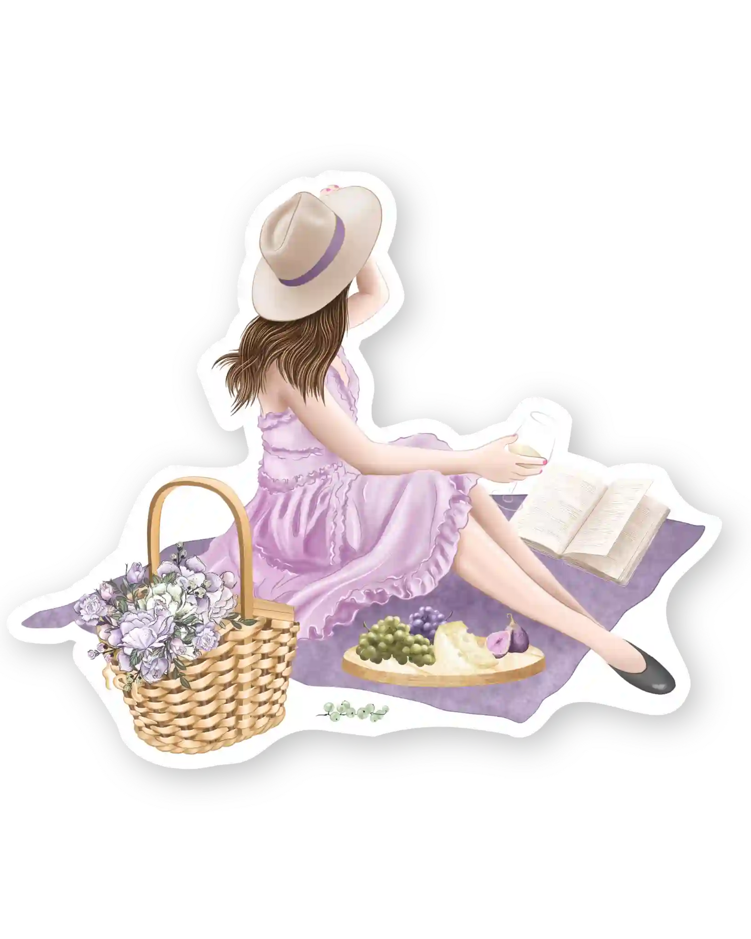 Naljepnice za planer Blankets and Baskets, ilustracije detalj djevojka sjedi na piknik dekici pored košare s cvijećem i voćem na pladnju