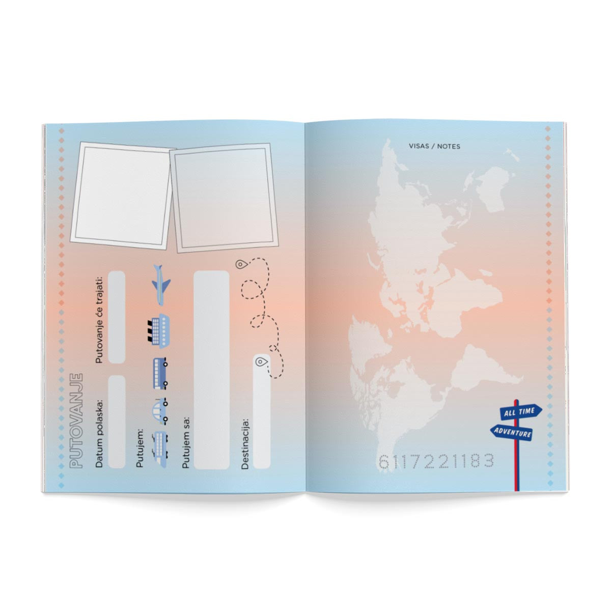 Putovnica za male avaturiste, unutrašnjost za detalja putovanja, ilustracija putokaz - planner boutique