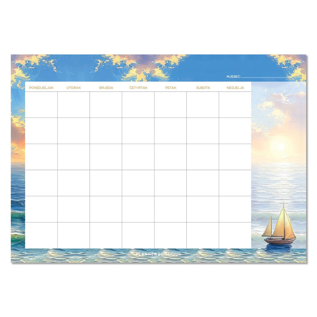 Stolni planer Sunset, dimenzija A5, mjesečni pregled, morski motiv by Planner Boutique