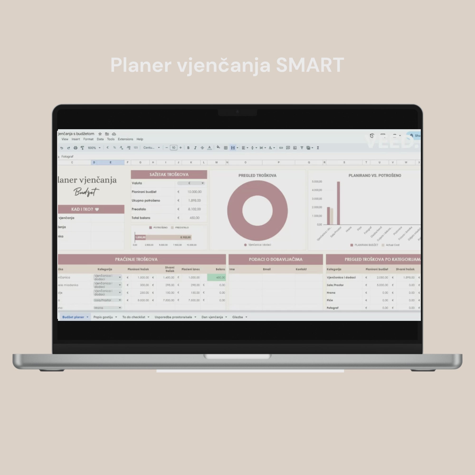 Planer vjenčanja SMART digitalni planer za google doc, tablica za praćenje budžeta video prikaz planera