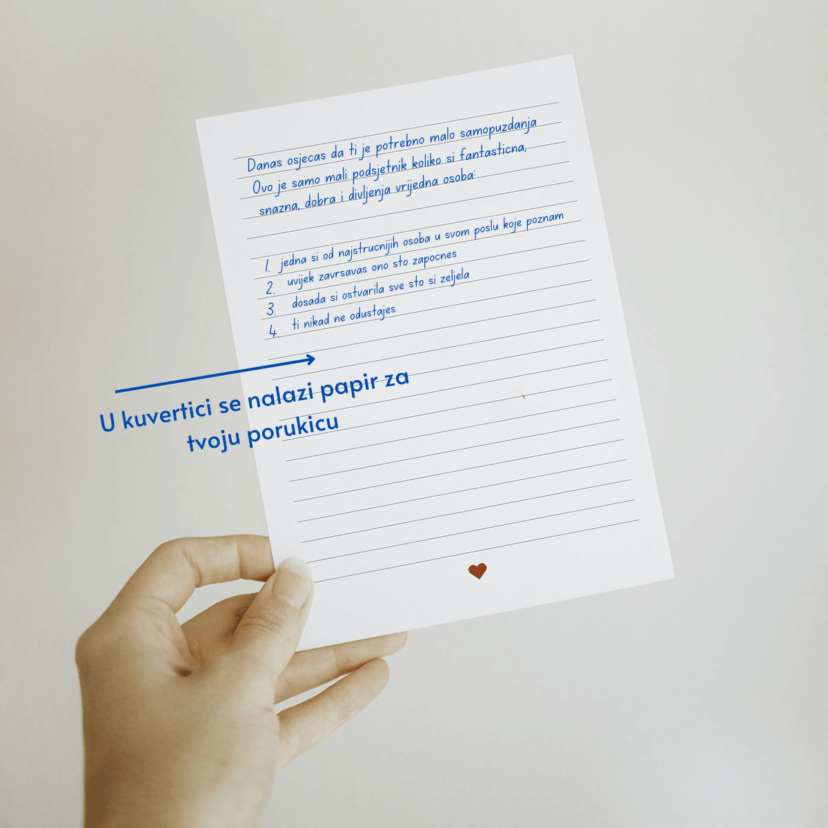 Otvori kad kartice za poklon, ispisan tekst i pojašnjenje da se u kuverti nalazi papir za ispisivanje poruke