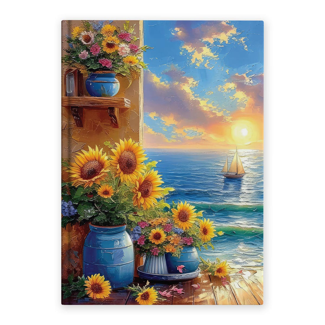 Bilježnica A5, motiv zalaz sunca na moru i vaza sa suncokretima by Planner Boutique