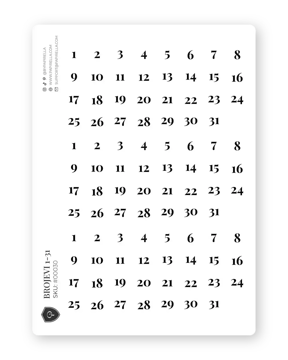 Naljepnice za planer brojevi 3 seta od 1-31