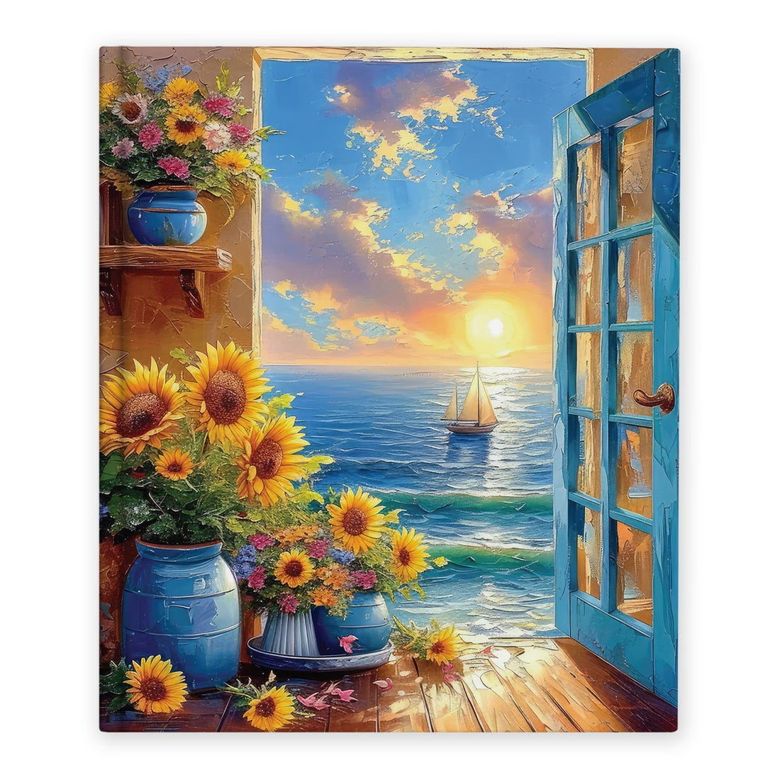 Velika bilježnica s motivom zalaska sunca, starih plavih vrata i vaze sa suncokretima