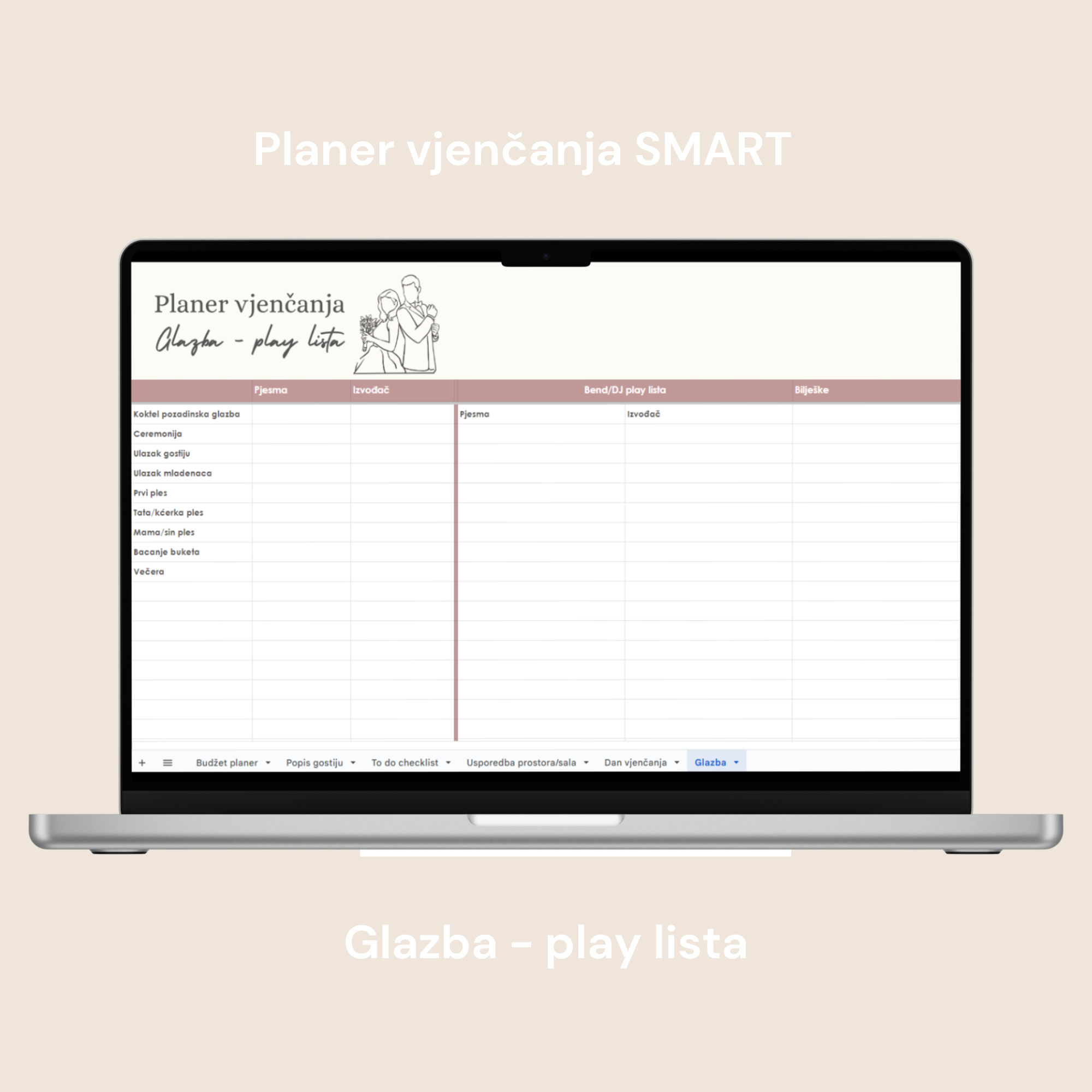 Planer vjenčanja SMART digitalni planer za google doc, tablica glazbu i play liste