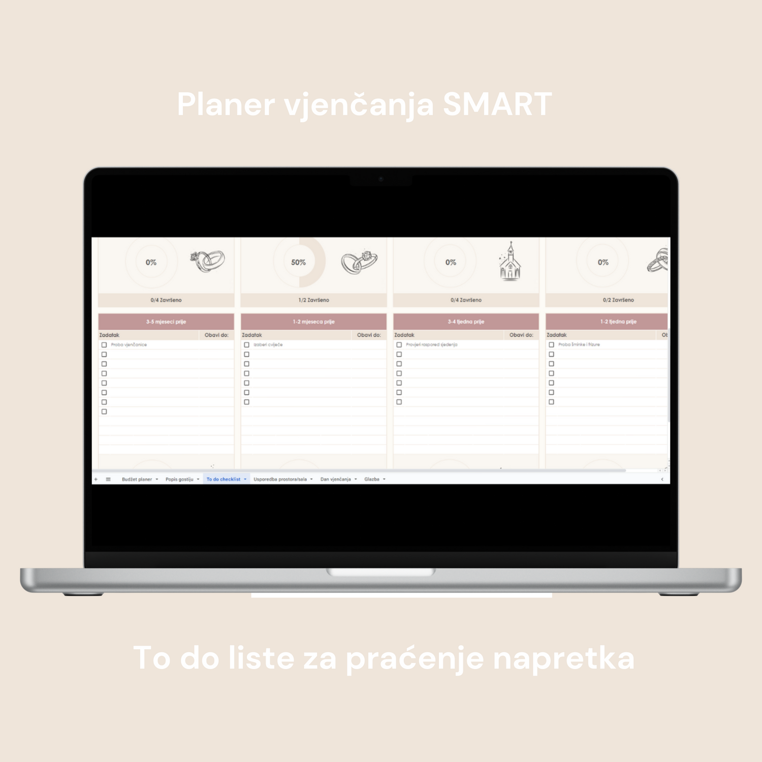 Planer vjenčanja SMART digitalni planer za google doc, to do liste za praćenje obavljenih zadataka i napretka sa ilustracijama