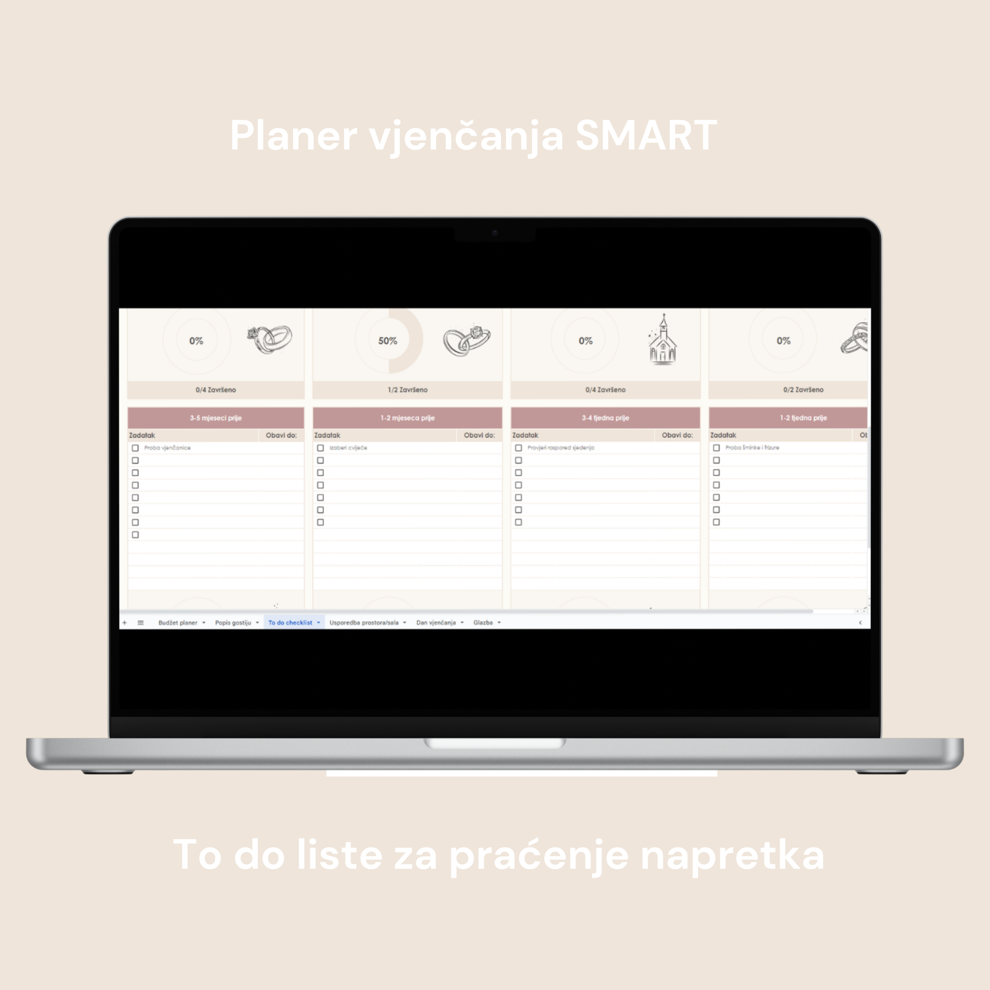 Planer vjenčanja SMART digitalni planer za google doc, to do liste za praćenje obavljenih zadataka i napretka sa ilustracijama