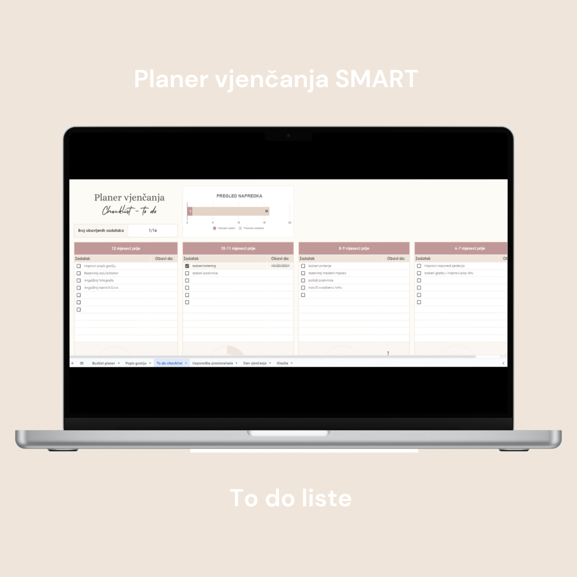 Planer vjenčanja SMART digitalni planer za google doc, tablica za praćenje obavljenih zadataka