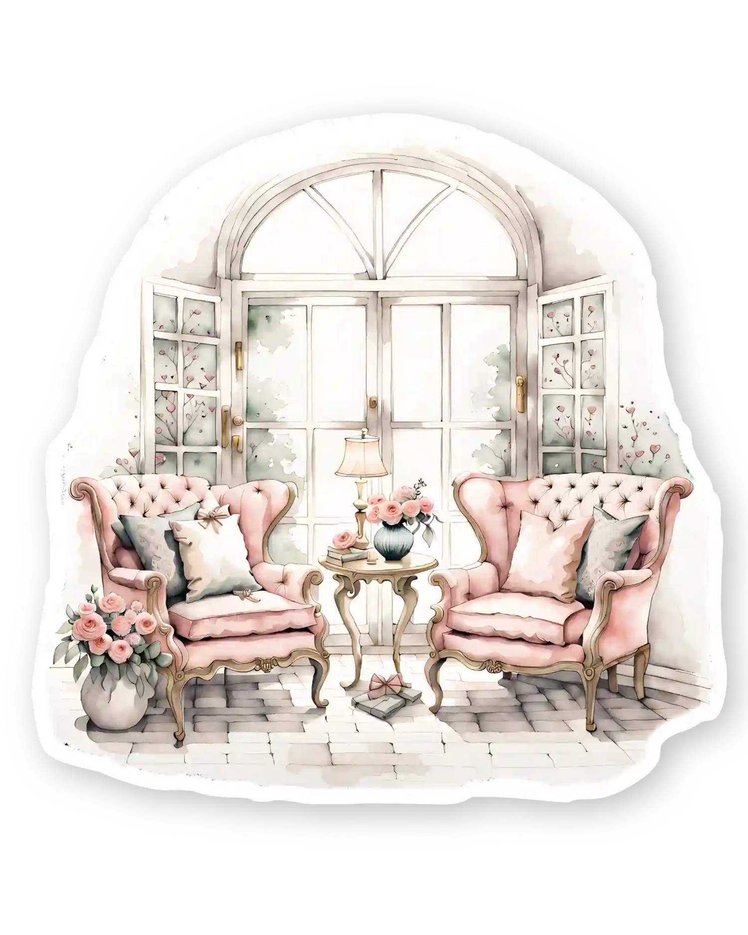 Set naljepnica za planer Everlasting, ilustracija pink fotelje pored otvorenog francuskog prozora
