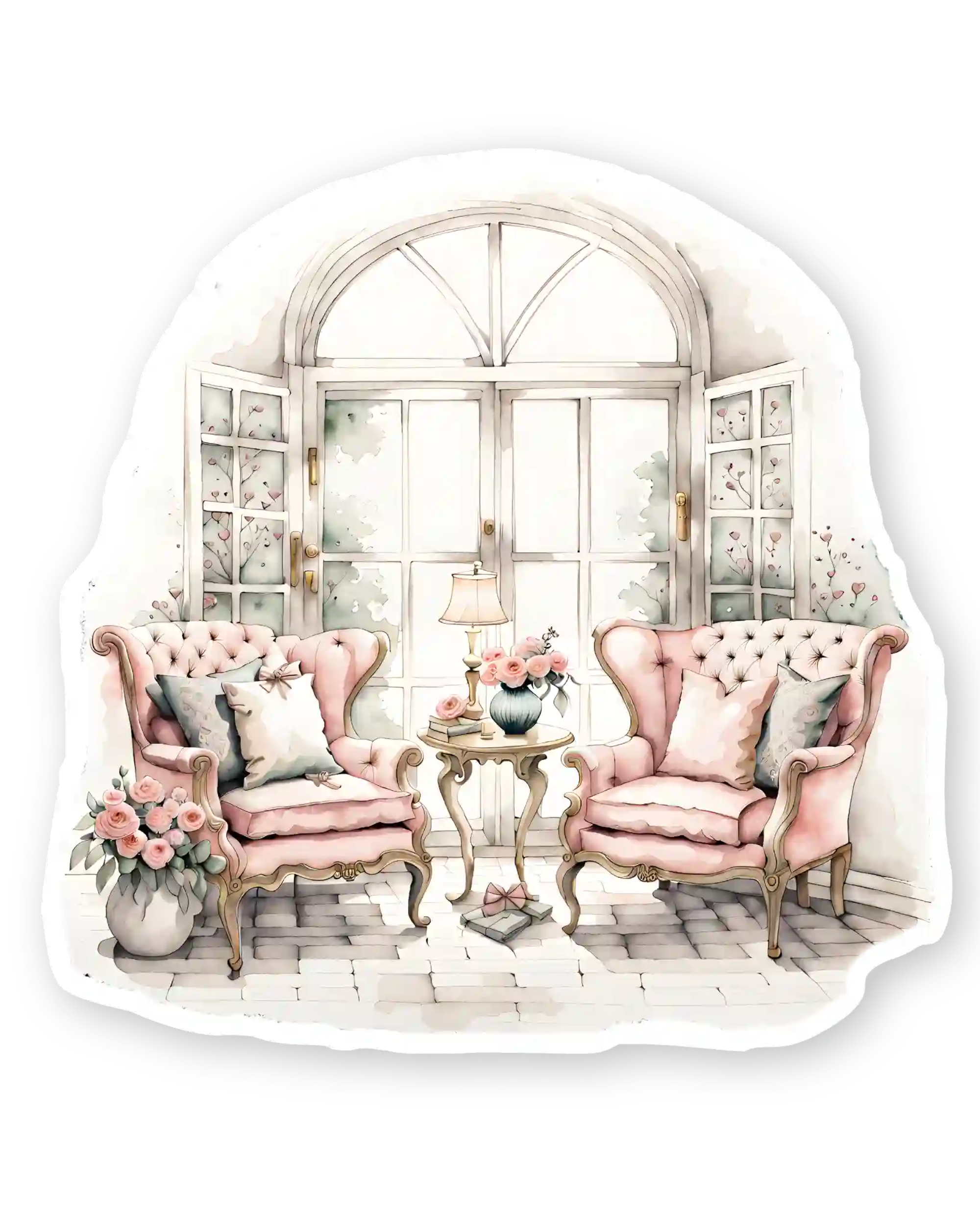 Set naljepnica za planer Everlasting, ilustracija pink fotelje pored otvorenog francuskog prozora