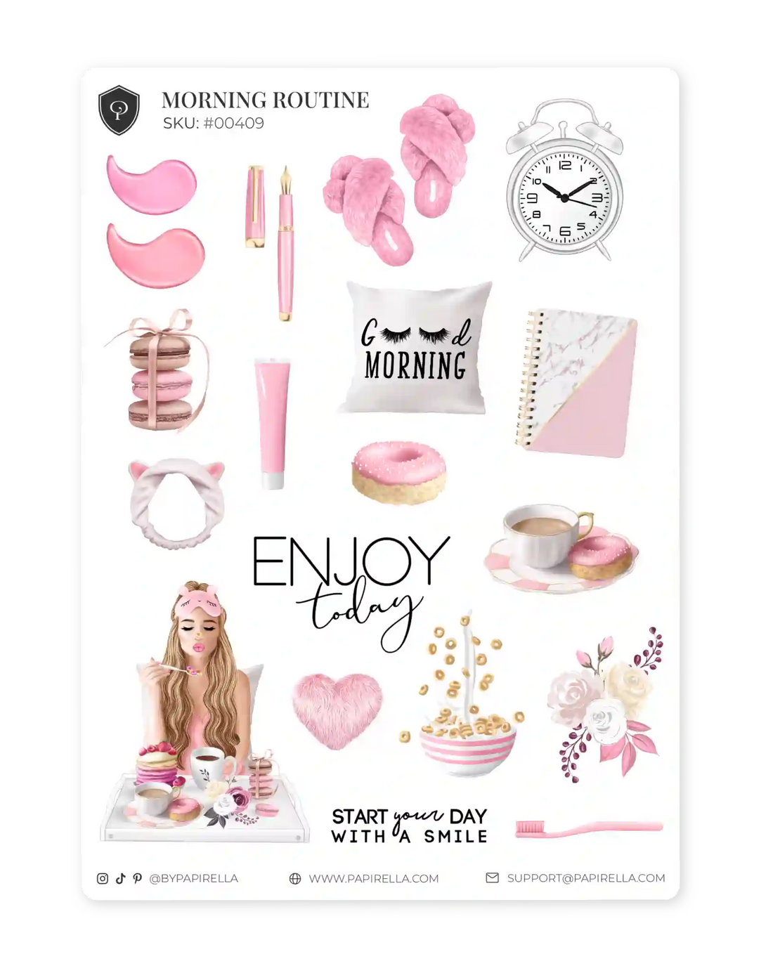 Set naljepnica Morning Routine, ilustracije pink boja