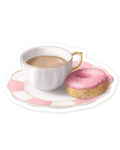 Set naljepnica Morning Routine, ilustracija šalica s kavom i krafna pink