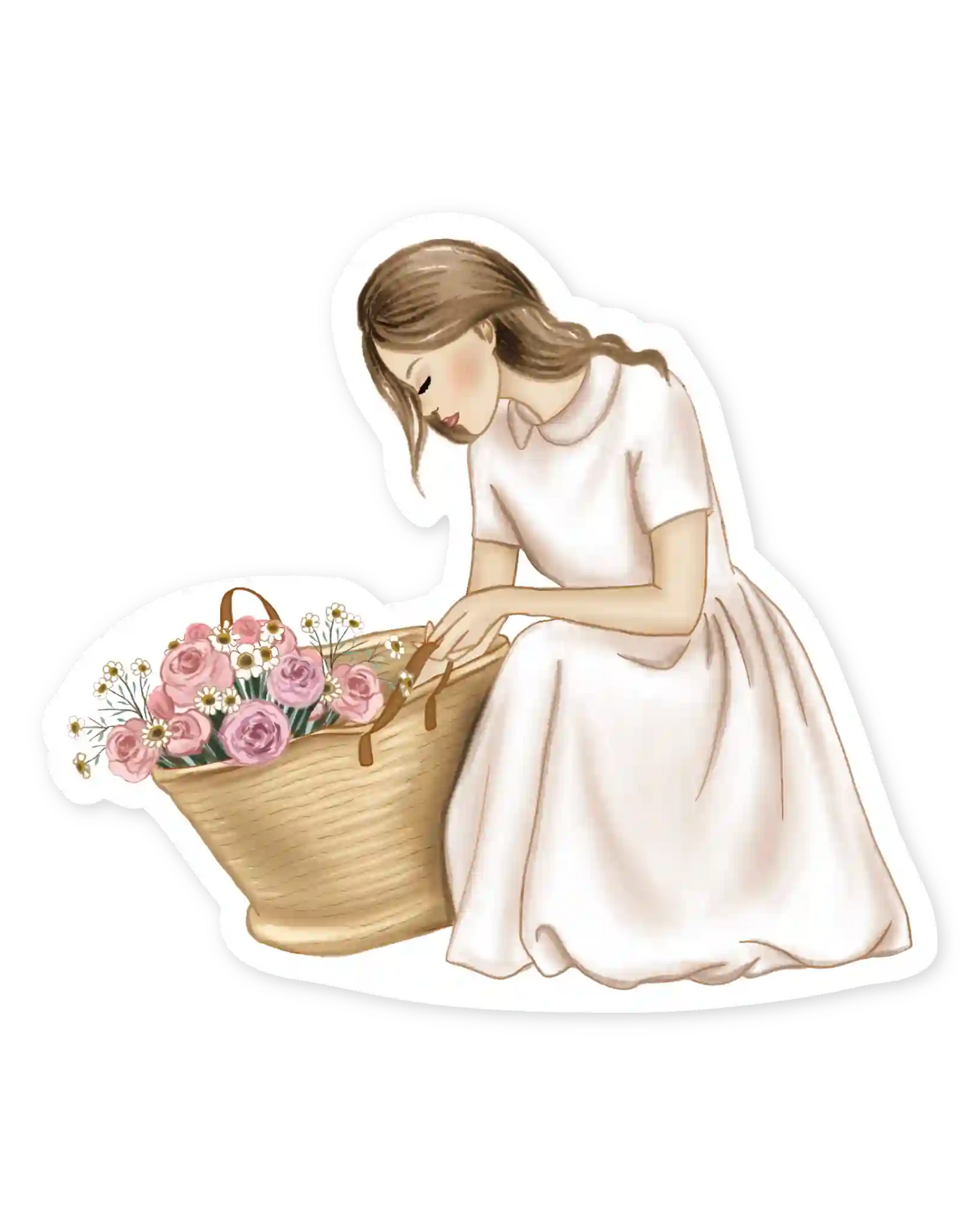 Naljepnice za planer Signd of spring, ilustracija detalj  djevojka stavlja cvijeće u korpu