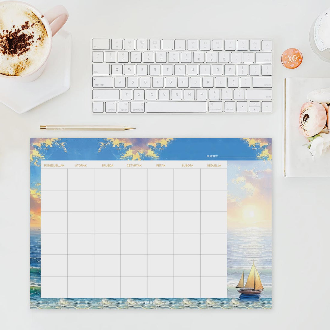 Stolni planer s motivima zalaska sunca na moru, mjesečni pregled, dimenzija A5