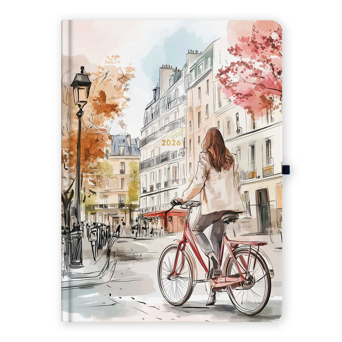 Ilustracija žene koja vozi bicikl u Parizu, pastelne boje