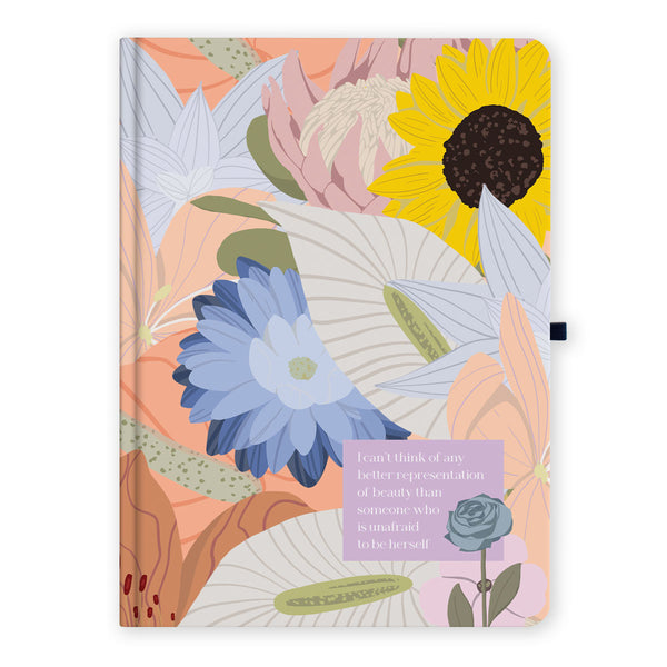Ženski rokovnik 2023, naslovnica sa cvjetovima u pastelnim bojama i citatom. Nježan dizajn, pastelna ljubičasta, žuta i narandžasta boja. 